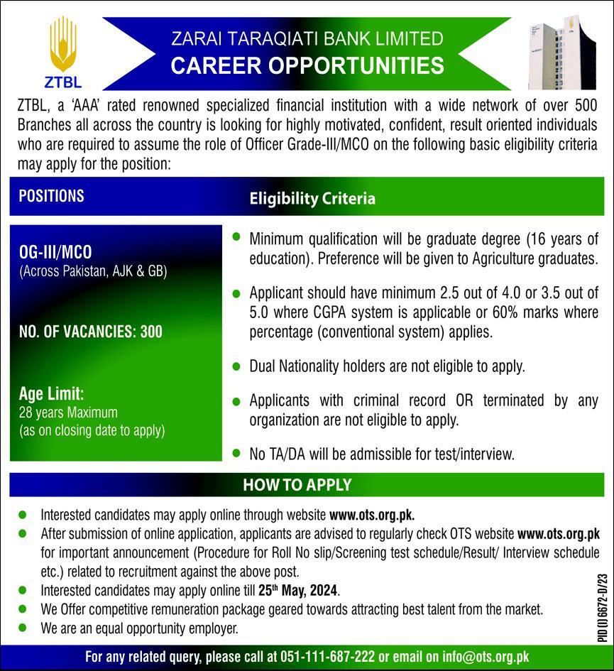 ZTBL Jobs 2024 Zarai Taraqiati Bank Ltd Officer Grade-III ZTBL Jobs 2024 Zarai Taraqiati Bank Ltd Officer Grade-III,pak jobs,private job vacancy,govt job and private job,latest pakistan govt jobs