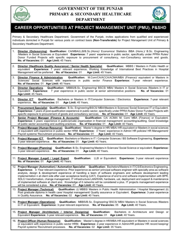 Career opportunities at Project Management Unit PMU in Primary & Secondary Healthcare Department Punjab Career opportunities at Project Management Unit PMU in Primary & Secondary Healthcare Department Punjab,Jobssai.com,latest jobs 2024,Jobs in project management unit PMU,2024